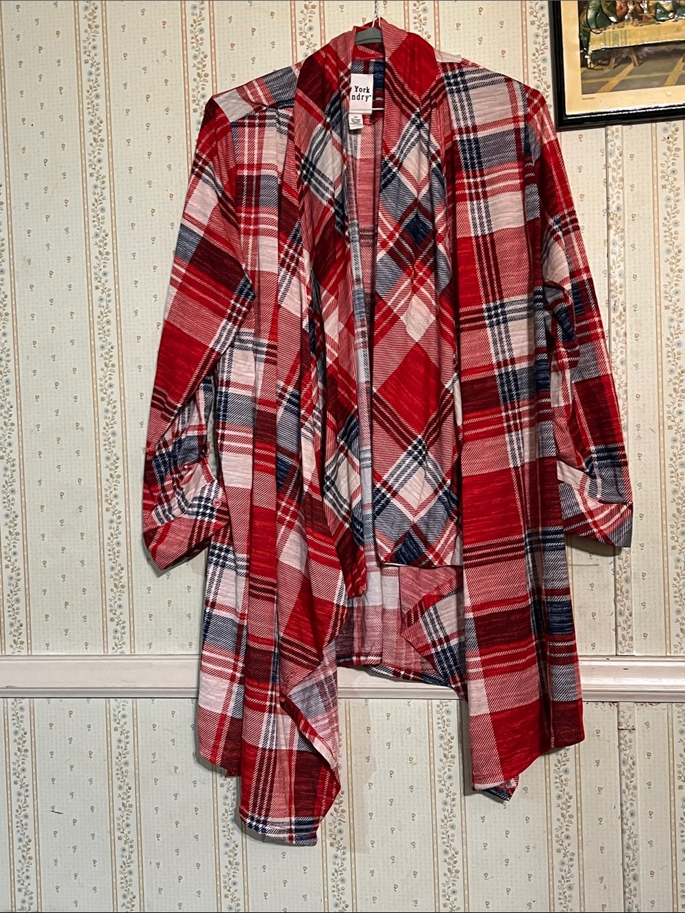 New York Laundry Red, Navy & White Plaid Open Cardigan